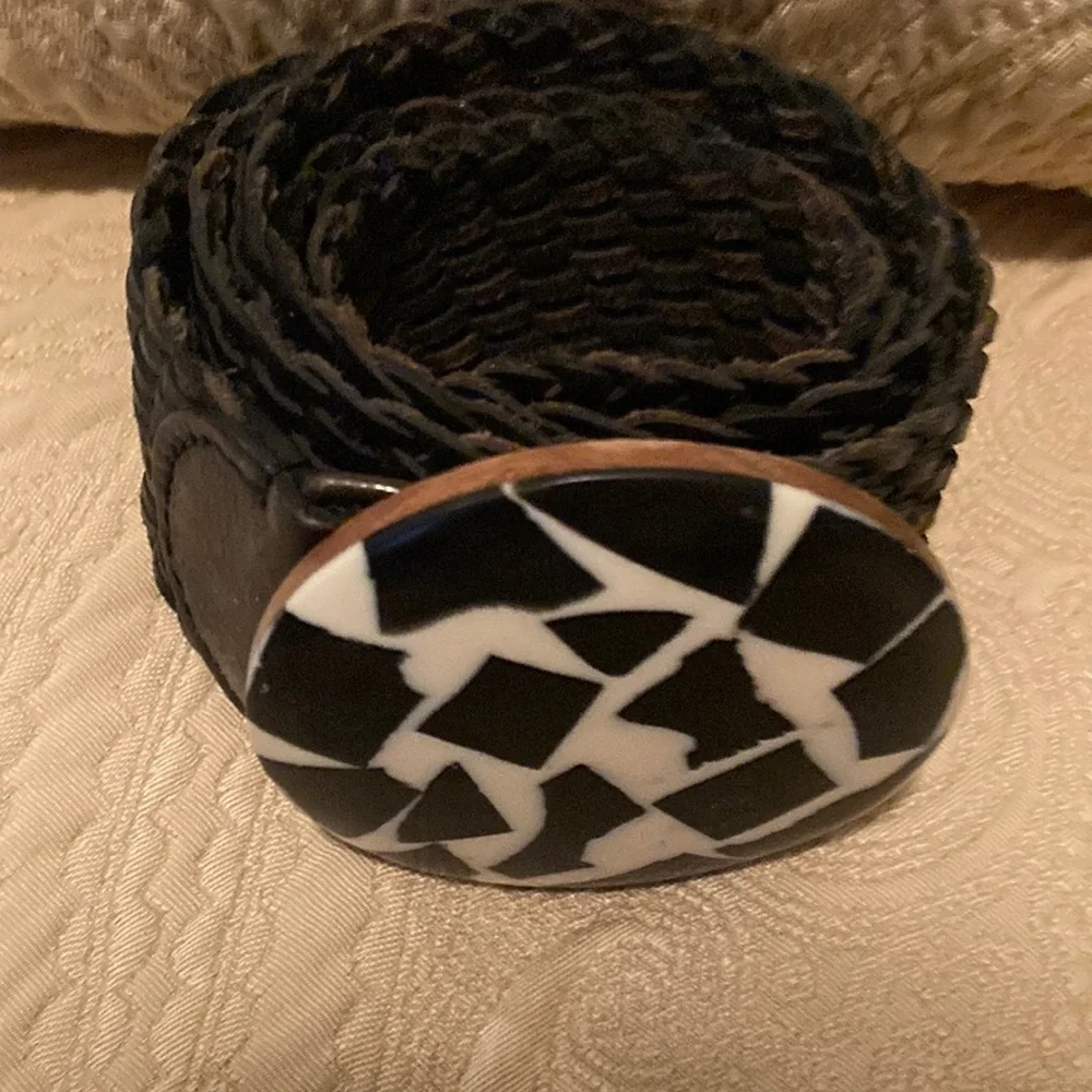 Chico’s Black & White Mosaic Round  Buckle Braided Leather Belt
